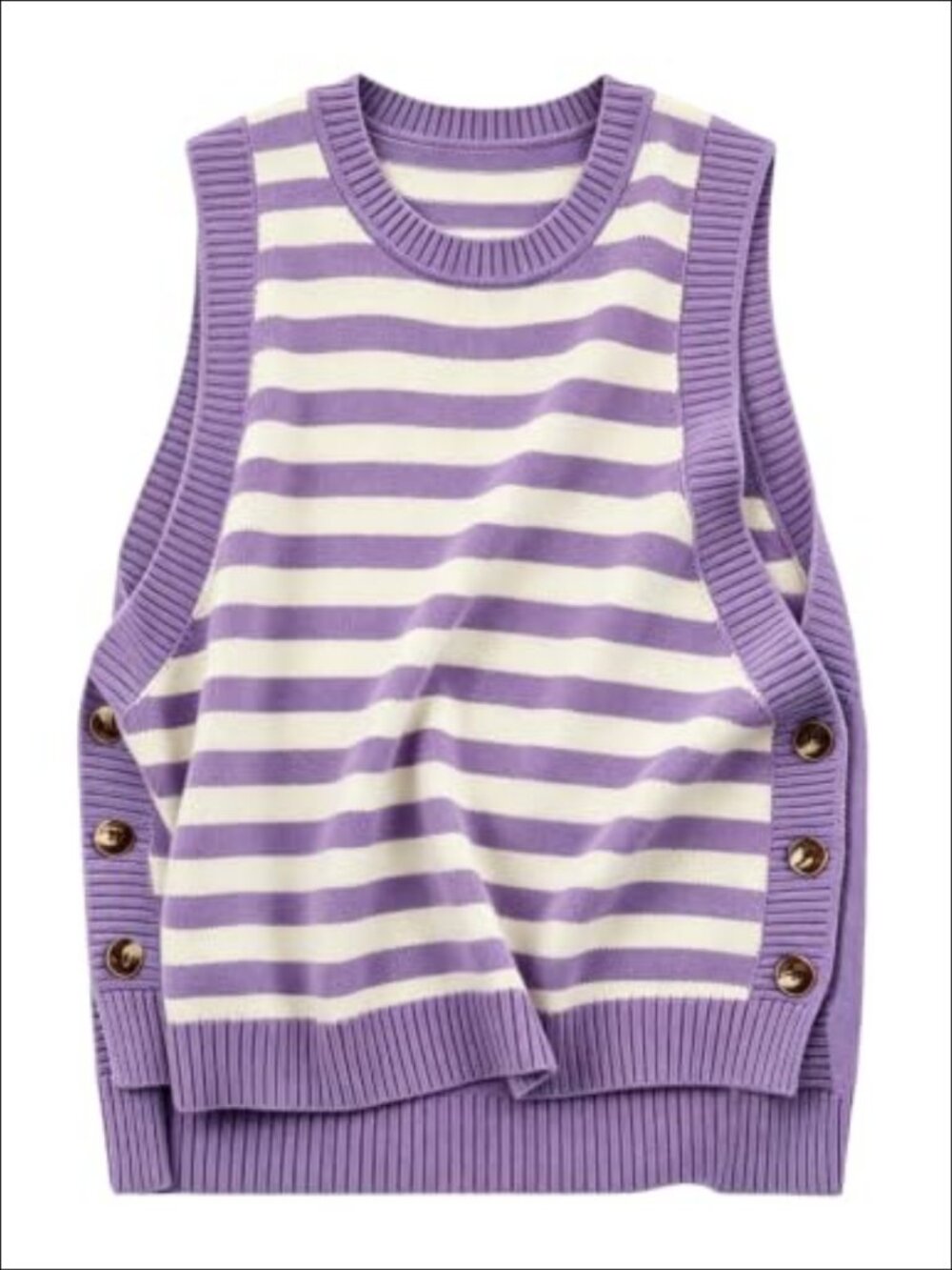 Ribbed Knit Sweater Vest Sleeveless Button Side Crew Neck Pullover